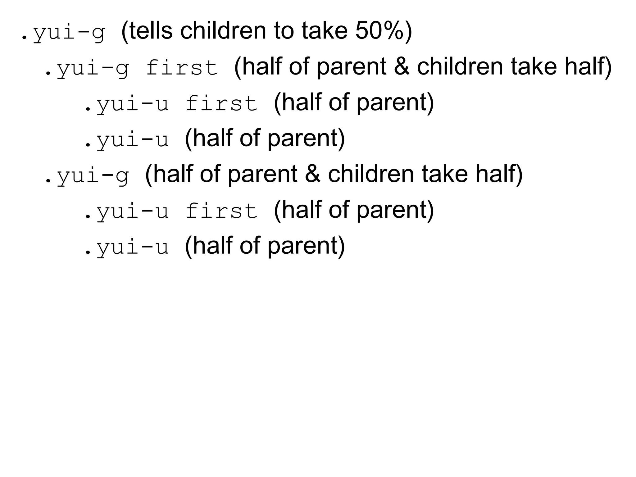 .yui-g (tells children to take 50%)
  .yui-g first (half of parent & children take half)
     .yui-u first (half of parent)
     .yui-u (half of parent)
  .yui-g (half of parent & children take half)
     .yui-u first (half of parent)
     .yui-u (half of parent)
 