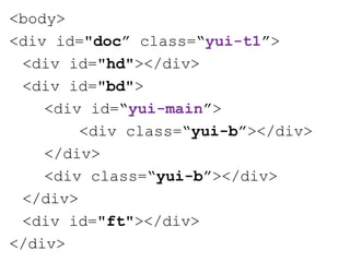 <body>
<div id="doc” class=“yui-t1”>
 <div id="hd"></div>
 <div id="bd">
    <div id=“yui-main”>
        <div class=“yui-b”></div>
    </div>
    <div class=“yui-b”></div>
 </div>
 <div id="ft"></div>
</div>
 