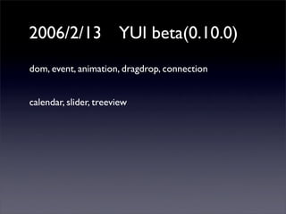 2006/2/13 YUI beta(0.10.0)
dom, event, animation, dragdrop, connection


calendar, slider, treeview
 