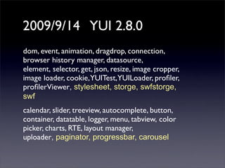2009/9/14 YUI 2.8.0
dom, event, animation, dragdrop, connection,
browser history manager, datasource,
element, selector, get, json, resize, image cropper,
image loader, cookie,YUITest,YUILoader, proﬁler,
proﬁlerViewer, stylesheet, storge, swfstorge,
swf
calendar, slider, treeview, autocomplete, button,
container, datatable, logger, menu, tabview, color
picker, charts, RTE, layout manager,
uploader, paginator, progressbar, carousel
 