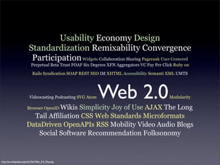 Usability Economy Design
                         Standardization Remixability Convergence
                          Participation Widgets Collaboration Sharing Pagerank User Centered
                           Perpetual Beta Trust FOAF Six Degrees XFN Aggregators VC Pay Per Click Ruby on

                             Rails Syndication SOAP REST SEO IM XHTML Accessibility Semanti XML UMTS




                          Videocasting Podcasting SVG Atom   Web 2.0                           Modularity

                                  Wikis Simplicity Joy of Use AJAX The Long
                        Browser OpenID

                         Tail Affiliation CSS Web Standards Microformats
                       DataDriven OpenAPIs RSS Mobility Video Audio Blogs
                          Social Software Recommendation Folksonomy


http://en.wikipedia.org/wiki/File:Web_2.0_Map.svg
 