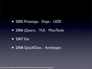 • 2005 Prototyp Dojo UIZE
                    • 2006 jQuery YUI MooTools
                    • 2007 Ext
                    • 2008 QooXDoo Archetype

http://www.tripwiremagazine.com/tools/developer-toolbox/top-10-javascript-frameworks-by-google.html
 