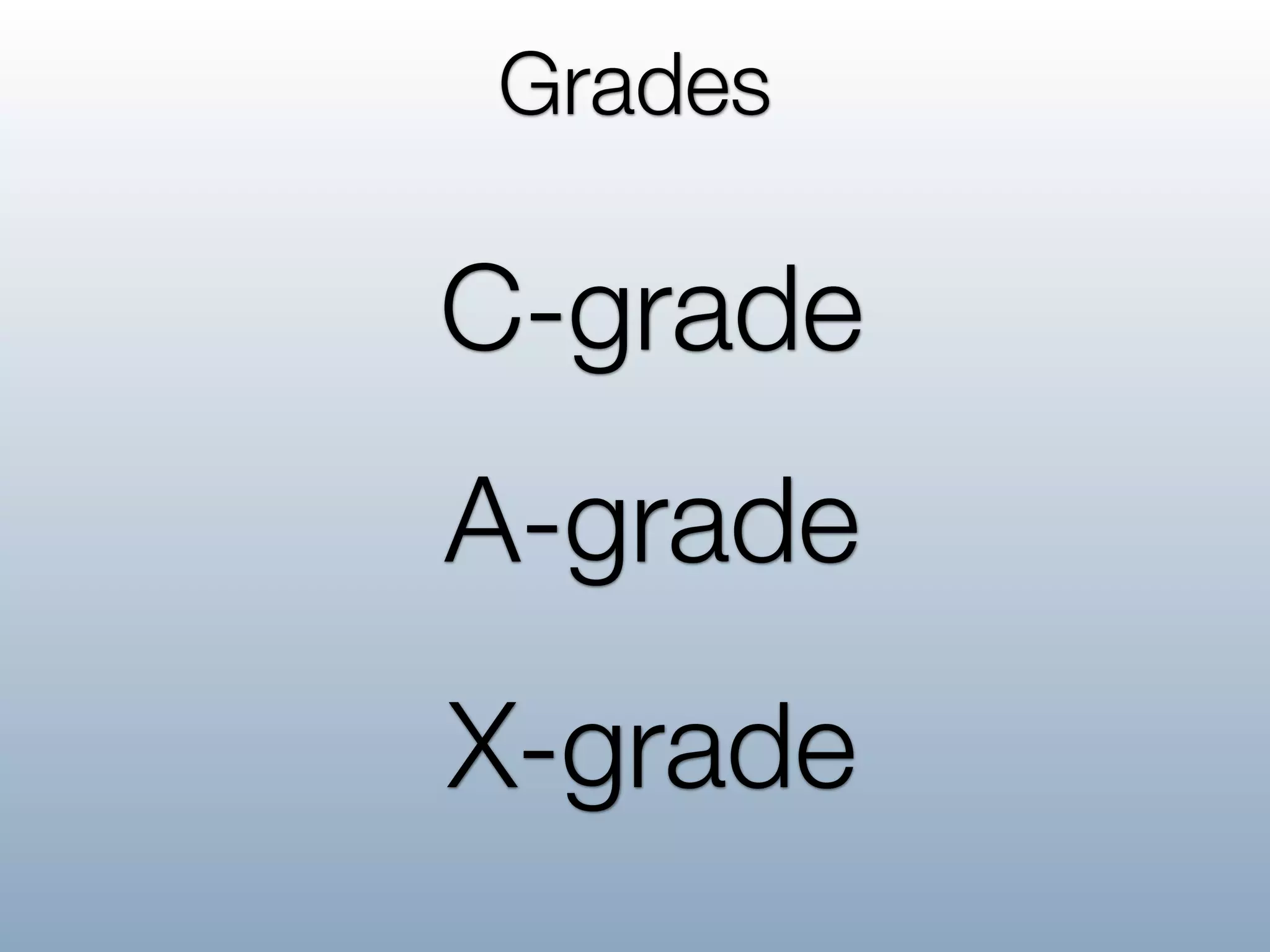 Grades

C-grade
A-grade
X-grade
 