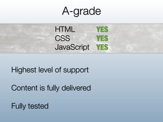 A-grade
               HTML       YES
               CSS        YES
               JavaScript YES

Highest level of support

Content is fully delivered

Fully tested
 