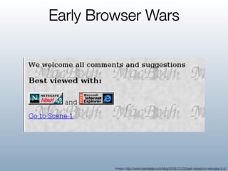 Early Browser Wars




         Image: http://www.teamlalala.com/blog/2009/12/23/best-viewed-in-netscape-3-0/
 