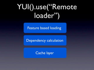 YUI().use(“Remote
     loader”)
  Feature based loading


  Dependency calculation


       Cache layer
 