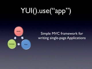 YUI().use(“app”)

      Simple MVC framework for
     writing single-page Applications
 
