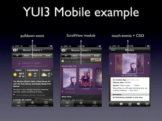 YUI3 Mobile example
pulldown event   ScrollView module   touch-events + CSS3
 