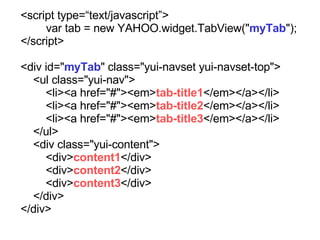 <script type=text/javascript>  var tab = new YAHOO.widget.TabView(&quot; myTab &quot;); </script> <div id=&quot; myTab &quot; class=&quot;yui-navset yui-navset-top&quot;> <ul class=&quot;yui-nav&quot;> <li><a href=&quot;#&quot;><em> tab-title1 </em></a></li> <li><a href=&quot;#&quot;><em> tab-title2 </em></a></li> <li><a href=&quot;#&quot;><em> tab-title3 </em></a></li> </ul> <div class=&quot;yui-content&quot;> <div> content1 </div> <div> content2 </div> <div> content3 </div> </div> </div> 