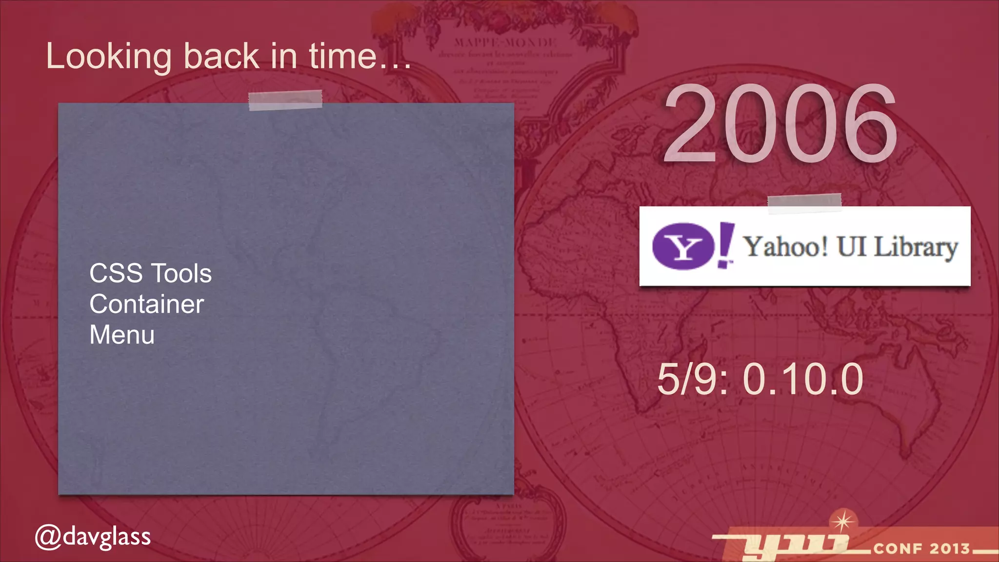 Looking back in time…

2006

CSS Tools
Container
Menu

5/9: 0.10.0

@davglass

 