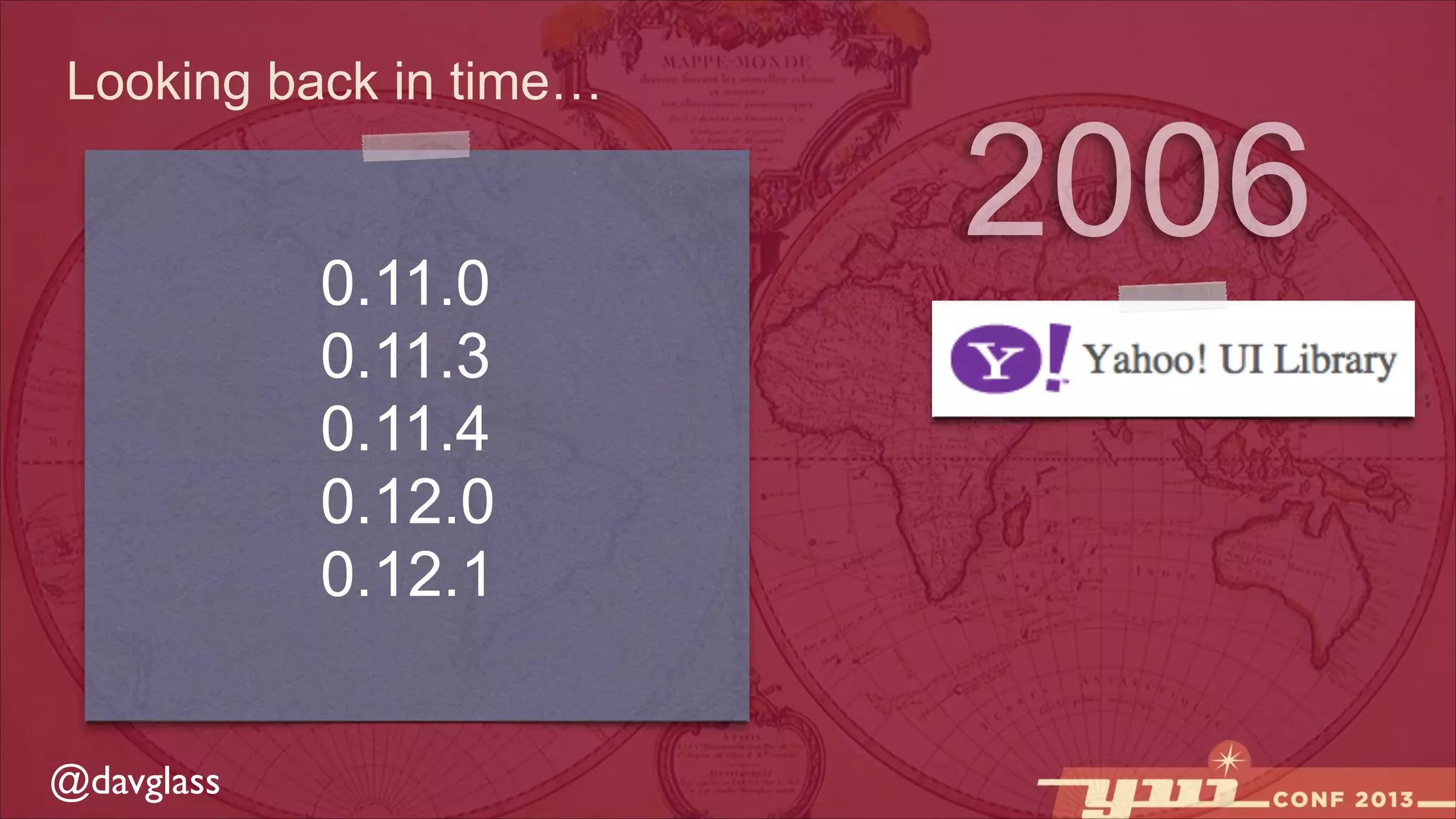 Looking back in time…

0.11.0
0.11.3
0.11.4
0.12.0
0.12.1
@davglass

2006

 