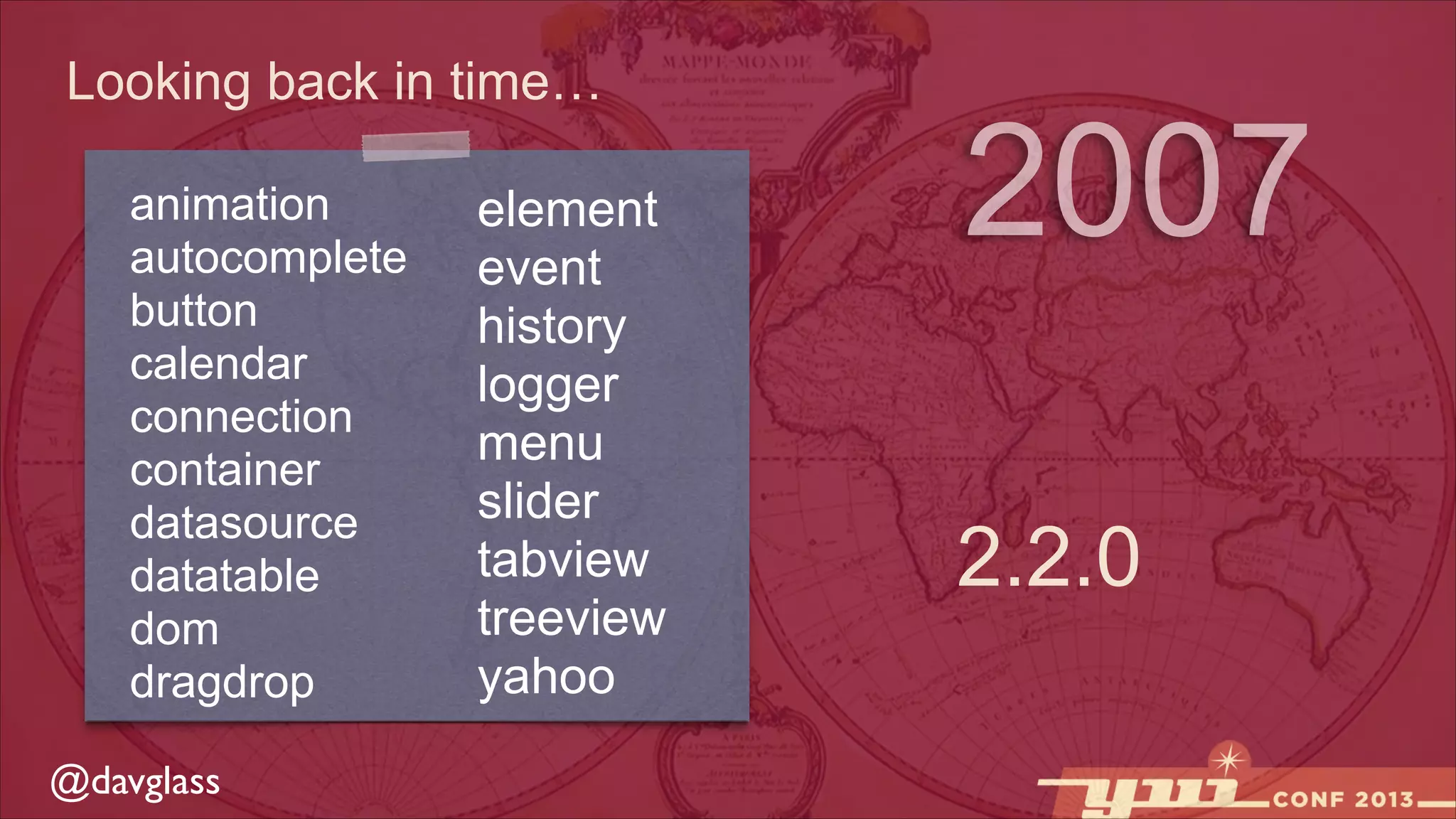Looking back in time…
animation
autocomplete
button
calendar
connection
container
datasource
datatable
dom
dragdrop
@davglass

element
event
history
logger
menu
slider
tabview
treeview
yahoo

2007
2.2.0

 