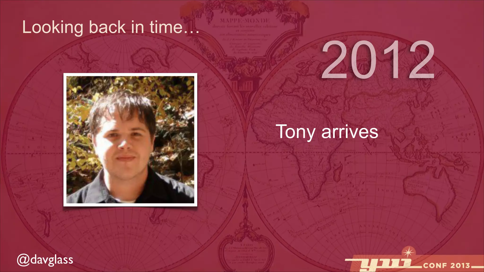 Looking back in time…

2012
Tony arrives

@davglass

 