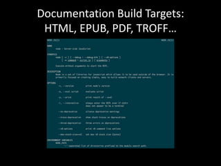 Documentation Build Targets:
HTML, EPUB, PDF, TROFF…

 