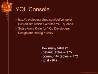 YQL Console
• http://developer.yahoo.com/yql/console/
• Hosted site which executes YQL queries
• Swiss Army Knife for YQL Developers
• Design and debug quickly
How many tables?
• default tables – 175
• community tables – 772
• total - 947
 