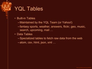 YQL Tables
• Built-in Tables
–Maintained by the YQL Team (or Yahoo!)
–fantasy sports, weather, answers, flickr, geo, music,
search, upcoming, mail …
• Data Tables
–Specialized tables to fetch raw data from the web
–atom, csv, html, json, xml …
 
