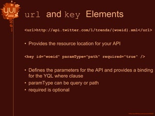 url and key Elements
<url>http://api.twitter.com/1/trends/{woeid}.xml</url>
• Provides the resource location for your API
<key id="woeid" paramType="path" required="true" />
• Defines the parameters for the API and provides a binding
for the YQL where clause
• paramType can be query or path
• required is optional
 