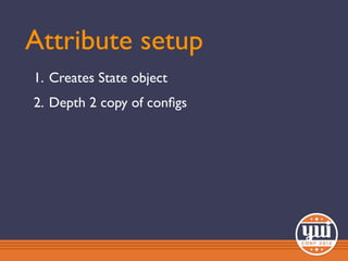 Attribute setup
1. Creates State object
2. Depth 2 copy of conﬁgs
 