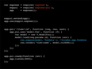 var express = require('express'),
expyui = require('express-yui'),
app
= express();
 
expyui.extend(app);
app.use(expyui.expose());

app.get('/item/:id', function (req, res, next) {
app.yui.use('model-foo', function (Y) {
var model = new Y.ModelFoo();
model.load(req.params.id, function (err) {
res.expose(model,'fooData'); //window.app.fooData
res.render('view-name', model.toJSON());
});
});
});
app.yui.ready(function (err) {
app.listen(3000);
});

 