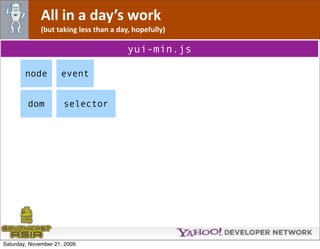 All in a day’s work
              (but taking less than a day, hopefully)

                                         yui-min.js

        node         event


         dom          selector




Saturday, November 21, 2009
 