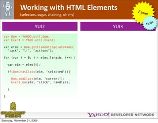 Working with HTML Elements                   Easie
              (selectors, sugar, chaining, oh my)               r

                                                                      e
                                                                   Nod
                         YUI2                       YUI3
 var Dom = YAHOO.util.Dom;
 var Event = YAOO.util.Event;

 var elms = Dom.getElementsByClassName(
   "task", "li", "actions");

 for (var i = 0; i < elms.length; i++) {

     var elm = elms[i];

     if(Dom.hasClass(elm, "selected")){

         Dom.addClass(elm, "current");
         Event.on(elm, "click", handler);

     }

 }




Saturday, November 21, 2009
 
