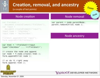 CreaJon, removal, and ancestry                              Easie
              (a couple of last points)                                        r

                                                                                     e
                                                                                  Nod
                 Node creaOon                        Node removal
 var fieldset =                           var parent = node.parentNode;
   document.createElement("fieldset");    parent.removeChild( node );
 var input =
   document.createElement("input");
 input.type = "checkbox";
 input.name = "myCheckBox";
 ...                                                 Node ancestry
 fieldset.appendChild("input");
 form.appendChild(fieldset);

 var html = '<fieldset><input
 type="checkbox" ... ></fieldset>';

 // create the node and append
 var node = Y.node.create( html );
 form.appendChild( node );

 // or do it right away
 form.append( html );




Saturday, November 21, 2009
 