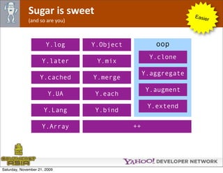 Sugar is sweet                                   Easie
              (and so are you)                                      r




                       Y.log     Y.Object           oop
                                                   Y.clone
                     Y.later      Y.mix
                                                 Y.aggregate
                    Y.cached     Y.merge
                                                  Y.augment
                        Y.UA      Y.each
                                                  Y.extend
                      Y.Lang      Y.bind

                     Y.Array                ++




Saturday, November 21, 2009
 