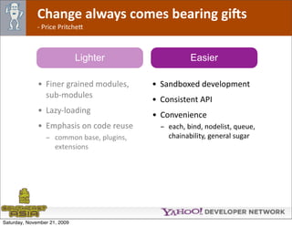 Change always comes bearing gi@s
              ‐ Price Pritche*



                              Lighter                  Easier

              • Finer grained modules,      • Sandboxed development
                sub‐modules
                                            • Consistent API
              • Lazy‐loading
                                            • Convenience
              • Emphasis on code reuse        - each, bind, nodelist, queue, 
                 - common base, plugins,        chainability, general sugar
                   extensions




Saturday, November 21, 2009
 