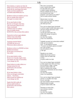 Life
Doro darake yo najime nai tokai de
Onaji you ni warae nai utsumuite aruita no
Isogi ashi de surechigau hito-tachi
Yume wa kanai mashita ka?
ATASHI mada MOGAite iru
Kodomo no koro ni modoru yori mo
Ima wo umaku ikite mitai yo
Kowagari wa umare tsuki
Hi no atari basho ni dete
Ryoute wo hirogete mita nara
Ano sora koete yukeru ka na?
Nante omottanda
Tobitatsu tame no tsubasa
Sore wa mada mienai
KANTAN ni ika nai kara ikite yukeru
Nureta koi nu hiroi ageta dakede
Chotto warae chau hodo
Namida ga koborete kita
Aisaretai aisaretai bakari
ATASHI itte ita yo ne
Motomeru dake ja dame ne
Kodomo no koro wa MAMA no koto
Hidoku kizutsuketa
Hi mo atta yo ne kawari tai
Ima zenbu
Hi no ataru basho ni dete
Kono te wo tsuyoku nigitte mitai
Ano basho ano toki wo kowashite
I can change my life
Demo kokoro no naka subete wo
Totemo tsutae kire nai
KANTAN ni ika nai kara
Ikite yukeru
Hi no ataru basho ni dete
Chizu wo hirogete miru kedo
I know... You know...
Mayoi michi mo shikata nai
I can change my life
Sugite kita hibi zenbu de
Ima no atashi nanda yo
KANTAN ni ika nai kara
Ikite yukeru
Não estava acostumada
como a sujeira dessa cidade
Eu não podia mais sorrir
e andava sempre cabisbaixa
Pessoas andando pra lá e pra cá
na correria de suas vidas
pergunto "você realizou seu sonho?"
mas eu ainda continuo lutando
Queria tentar viver hoje
como vivia nos tempos de infância
esses medos que sinto
são desde que nasci
Se eu sair em algum lugar ensolarado
e resolver erguer minhas mãos para os céus
será que consigo atravessar o céu?
É o que eu achava
As asas que usarei para voar
ainda, não consigo enxergá-las
será porque
isso não é tão simples
como viver atualmente
Andando encontrei um cachorrinho molhado
então, por uns instantes
sorri... E uma lágrima escorreu
“Eu quero ser amada, apenas ser amada”
era o que eu falava
mas não adianta só falar
e não agir
Quando eu era criança
tinham dias em que causava
feridas cruéis na minha mãe
eu hoje
eu quero mudar isso tudo
Se eu sair em algum lugar ensolarado
e tentar segurar suas mãos com força
Eu irei destruir o lugar, o tempo
Eu posso mudar minha vida
Mas eu realmente não consigo
expressar os sentimentos do meu coração
será porque
isso não é tão simples
como viver atualmente
Se eu sair em algum lugar ensolarado
mesmo se vasculhar meu mapa
Eu sei, você sabe
que nessa estrada, cheia de mistérios
ninguém pode me ajudar
Eu posso mudar minha vida
Passaram-se muitos dias...
mas continuo a mesma
será porque
isso não é tão simples
como viver atualmente
 