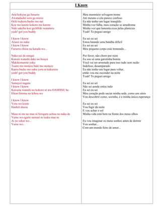 I Know
Arai kokyuu ga furueru
Awatadashii sora ga mieru
Ochi tsukeru basho mo nai
Koe mo karete kokoro mo karete
Naki sakebu koe ga hibiki watatteru
yeah! got you buddy
I know I know
Arasoi no naka
I know I know
Furueru chiisa na karada wo...
Naka nai de onegai
Kawaii watashi dake no bouya
Makikomarete yuku
Tsumi mo motazu buki mo motazu
Kaeru basho mo naku yoru ni kakureru
yeah! got you buddy
I know I know
Samayoi nagara
I know I know
Kawaita watashi no kokoro ni aru OASHISU he
Hitori hitotsu no kibou wo
I know I know
Yoru wo koete
Hashiri dasou
Masa ni me no mae ni hirogaru uchuu no naka de
Yume wo egaite nemuri ni tsuku mae ni
Ai no sekai wo...
Yume wo...
Meu murmúrio selvagem treme
Até mesmo o céu parece confuso
Eu não tenho um lugar tranqüilo
Minha voz falha, meu coração se amedronta
Minha voz que lamenta ecoa pelas planícies
Yeah! Te peguei amigo
Eu sei eu sei
Estou lutando uma batalha difícil
Eu sei eu sei
Meu pequeno corpo está tremendo...
Por favor, não chore por mim
Eu sou só uma garotinha bonita
Você vai ser arrastado para isso tudo sem razão
Indefeso, desamparado
Eu não tenho um lugar para voltar,
então vou me esconder na noite
Yeah! Te peguei amigo
Eu sei eu sei
Não sei aonde estou indo
Eu sei eu sei
Meu coração pode saciar minha sede, como um oásis
Vou descobrir como, sozinha, é a minha única esperança
Eu sei eu sei
Vou fugir da noite
E vou achar o sol
Minha vida está bem na frente dos meus olhos
Eu vou imaginar os meus sonhos antes de dormir
Vou sonhar...
Com um mundo feito de amor...
 