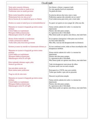 I’ts all rigth
Naite naite wasurete shimaou
Hashiridashita ressha no mado ni wa
Yarikirenai omoi no atashi ga mieta
Motto motto hanashite minakucha
Wakariaenai koto mo atta yo ne?
Eki no hoomu de wa mada kimi ga te wo futteru
Hontou wa sunao ni natte kyou wo torimodoshitai no
Mannatsu no ryuusei ni kagayaki ga niteru sonna
nichijou
Ii koto bakka wa tsudzukanai
Minogasu bakka ja kanawanai
Hakanasugiru mirai It's all right
Honno chotto mukashi ni modoretara
Umaku yarinaosesou dakedo
Tooku natte yuku mou kimi ga mienai
Konnan ja sunao na omoide wo kumorasete shimau yo
Mannatsu no ryuusei ni kagayaki ga niteru sonna
nichijou
Ii koto bakka wa tsudzukanai
Minogasu bakka ja kanawanai
Hakanasugiru mirai It's all right
Kitto mabataki shitetara sugite yuku
Sonna ki ga shita no
Ima sara datte omotte mo
Kono mama nante yarikirenai
Tsugi no eki de orite miru
Mannatsu no ryuusei ni kagayaki ga niteru sonna
nichijou
Ii koto bakka wa tsudzukanai
Minogasu bakka ja kanawanai
Hakanasugiru mirai It's all right
Irei chorar e chorar e esquecer tudo
Eu vejo aquelas horríveis memórias
Na janela do trem
Eu preciso deixar elas irem, mais e mais
Poderemos apenas não entender um ao outro?
Você ainda acena para mim com o trem indo
Eu quero ser quem eu sou e pegar de volta esse dia
Numa estrela cadente de verão vi a mesma luz
deprimente
Paraíso não dura para sempre,
E a ignorancia não é felicidade
Meu futuro pode ser apenas uma faísca, mas tudo bem
Se eu apenas conseguisse voltar para casa na hora
Eu faria tudo diferente
Mas olha, você já está desaparecendo na distancia
Se isso continuar assim, todas as boas recordações irão
desaparecer também
Numa estrela cadente de verão vi a mesma luz
deprimente
Paraíso não dura para sempre,
E a ignorancia não é felicidade
Meu futuro pode ser apenas uma faísca, mas tudo bem
Tudo irá desaparecer num piscar de olhos
Eu posso sentir isso no meu coração
Retrospectiva é 20/20, mas sem sentido
Tenho que mudar o que está no presente
Descerei na próxima estação
Numa estrela cadente de verão vi a mesma luz
deprimente
Paraíso não dura para sempre,
E a ignorancia não é felicidade
Meu futuro pode ser apenas uma faísca, mas tudo bem.
 