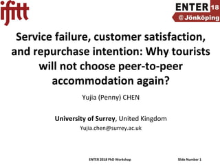 ENTER 2018 PhD Workshop Slide Number 1
Service failure, customer satisfaction,
and repurchase intention: Why tourists
will not choose peer-to-peer
accommodation again?
Yujia (Penny) CHEN
University of Surrey, United Kingdom
Yujia.chen@surrey.ac.uk
 