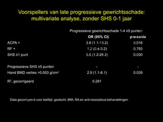 Voorspellers van late progressieve gewrichtsschade:
            multivariate analyse, zonder SHS 0-1 jaar


                                                                                           l
                                           Progressieve gewrichtsschade 1-4 ≥5 punten



                                        t uk
                                                        OR (95% CI)
                                                                                        s e
                                                                                        p-waarde


                                      h
ACPA +                                                 3.8 (1.1-13.2)                    0.016



                                  r ig r-Y
RF +                                                   1.2 (0.4-3.2)                     0.793


                                 y le
SHS ≥1 punt                                            5.6 (1.2-26.2)                    0.030

                               p u
                              o G
                            C
Progressieve SHS ≥5 punten                                    -                            -


                                k
Hand BMD verlies >0.003 g/cm2                          2.9 (1.1-8.1)                     0.039

R2, gecorrigeerd
                           e le                            0.281


                          M
              D r.
 Data gecorrigeerd voor leeftijd, geslacht, BMI, RA en anti-resorptieve behandelingen
 