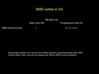 BMD verlies in OA


                                                 RR (95% CI)

                                                                                           el
                                          t uk                                           s
                              Geen hand OA                         Progressieve hand OA

BMD verlies 0-2 jaar                 1
                                        h
                                      ig r-Y
                                                                         2.1 (1.1-4.3)


                                    r
                                   y le
                                 p u
                                o G
                              C
                               le k
                            Me
      Multivariate analyses gecorrigeerd voor leeftijd, geslacht, postmenopausale status, BMI,


                  r.
      familiair effect, roken, gebruik anti-osteoporose med en BMD scores op baseline


                D
 