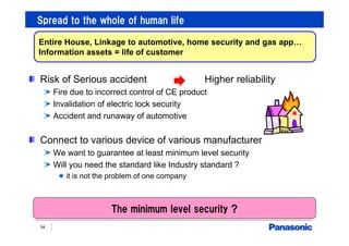 Spread to the whole of human life
34
Risk of Serious accident Higher reliability
Fire due to incorrect control of CE product
Invalidation of electric lock security
Accident and runaway of automotive
Connect to various device of various manufacturer
We want to guarantee at least minimum level security
Will you need the standard like Industry standard ?
it is not the problem of one company
Entire House, Linkage to automotive, home security and gas app…
Information assets = life of customer
The minimum level security ?
 