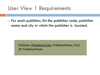 User View 1 Requirements


For each publisher, list the publisher code, publisher
name and city in which the publisher is located.

Publisher (PublisherCode, PublisherName, City)
SK PublisherName

 
