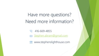 Have more questions?
416-669-4855
Stephen.abram@gmail.com
www.stephenslighthouse.com
Need more information?
 