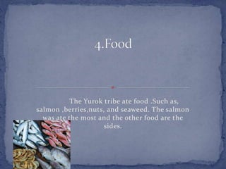 The Yurok tribe ate food .Such as,
salmon ,berries,nuts, and seaweed. The salmon
was ate the most and the other food are the
sides.
 