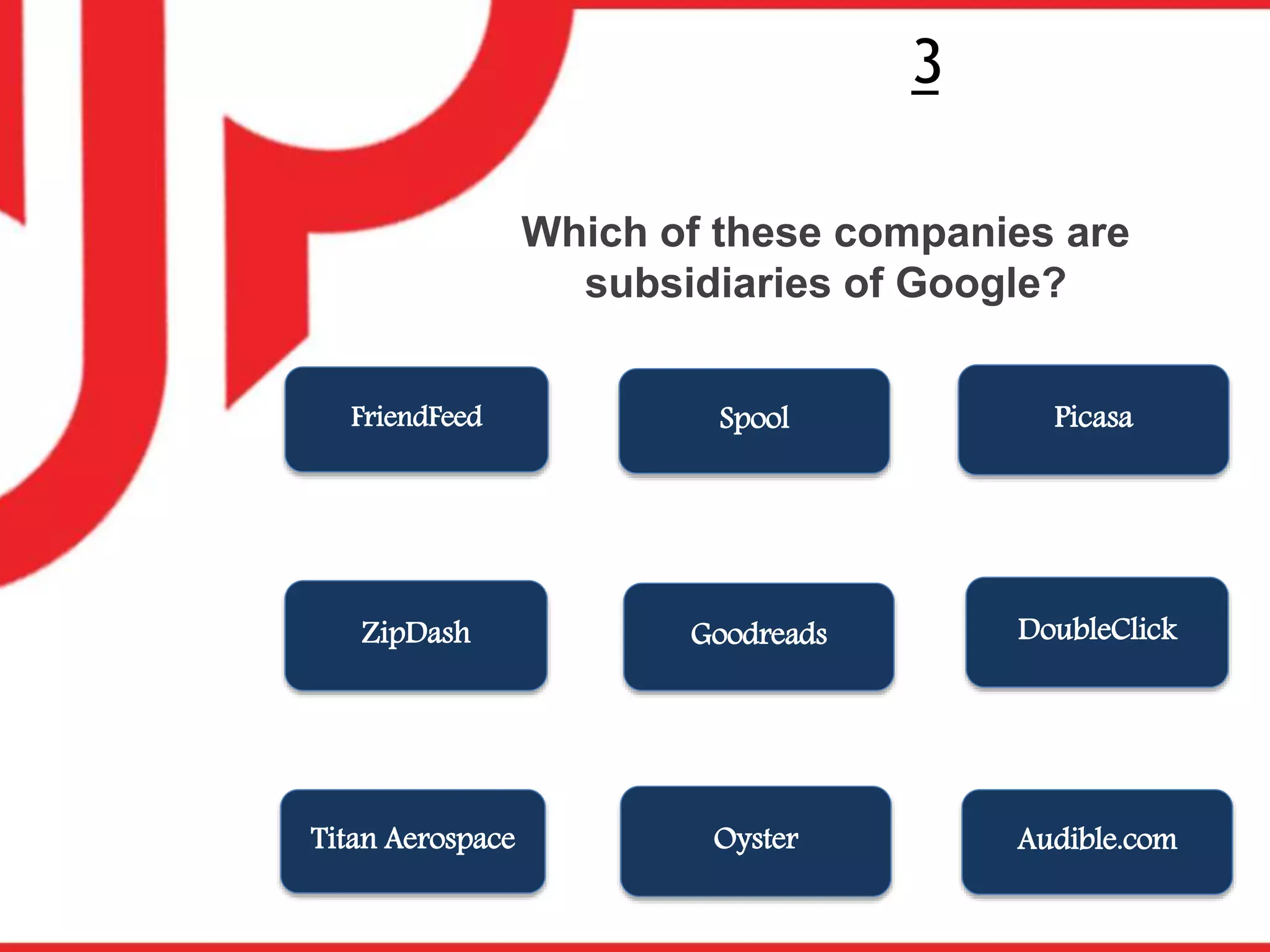 Who?
3
Titan Aerospace
GoodreadsZipDash
Oyster
FriendFeed
Which of these companies are
subsidiaries of Google?
Spool Picasa
DoubleClick
Audible.com
 