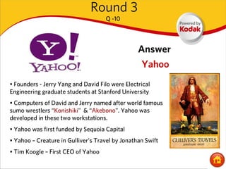 Round 3
                                     Q -10




                                                 Answer
                                                  Yahoo
• Founders - Jerry Yang and David Filo were Electrical
Engineering graduate students at Stanford University
• Computers of David and Jerry named after world famous
sumo wrestlers “Konishiki” & “Akebono”. Yahoo was
developed in these two workstations.
• Yahoo was first funded by Sequoia Capital
• Yahoo – Creature in Gulliver’s Travel by Jonathan Swift
• Tim Koogle – First CEO of Yahoo
 