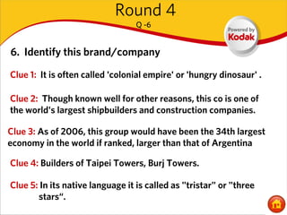 Round 4
                                  Q -6


6. Identify this brand/company
Clue 1: It is often called 'colonial empire' or 'hungry dinosaur' .

Clue 2: Though known well for other reasons, this co is one of
the world's largest shipbuilders and construction companies.

Clue 3: As of 2006, this group would have been the 34th largest
economy in the world if ranked, larger than that of Argentina

Clue 4: Builders of Taipei Towers, Burj Towers.

Clue 5: In its native language it is called as "tristar" or "three
       stars“.
 