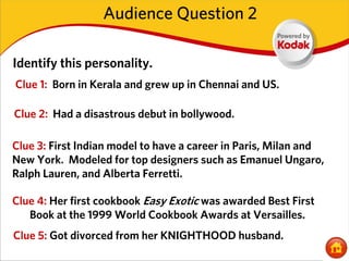 Audience Question 2

Identify this personality.
Clue 1: Born in Kerala and grew up in Chennai and US.

Clue 2: Had a disastrous debut in bollywood.

Clue 3: First Indian model to have a career in Paris, Milan and
New York. Modeled for top designers such as Emanuel Ungaro,
Ralph Lauren, and Alberta Ferretti.

Clue 4: Her first cookbook Easy Exotic was awarded Best First
   Book at the 1999 World Cookbook Awards at Versailles.
Clue 5: Got divorced from her KNIGHTHOOD husband.
 