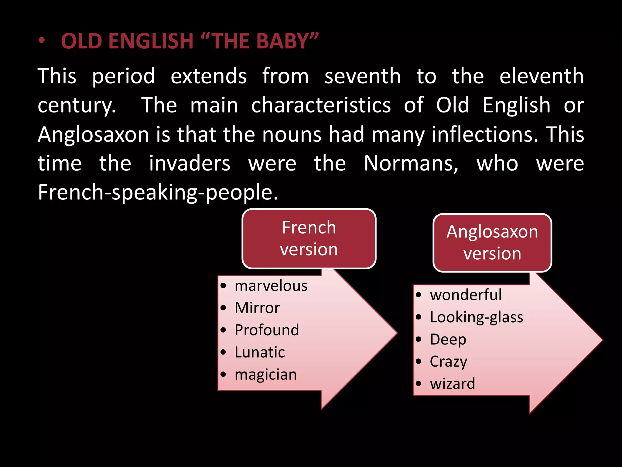 • OLD ENGLISH “THE BABY”
This period extends from seventh to the eleventh
century. The main characteristics of Old English or
Anglosaxon is that the nouns had many inflections. This
time the invaders were the Normans, who were
French-speaking-people.
                           French          Anglosaxon
                           version           version
                  •   marvelous
                                     •   wonderful
                  •   Mirror
                                     •   Looking-glass
                  •   Profound
                                     •   Deep
                  •   Lunatic
                                     •   Crazy
                  •   magician
                                     •   wizard
 