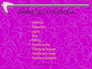 RAMAS DE LA FILOSOFIA   Metafísica Gnoseología Lógica Ética Estética Filosofía política Filosofía del lenguaje Filosofía de la mente Filosofía de la historia 
