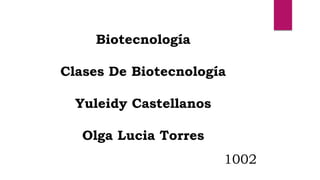 Biotecnología
Clases De Biotecnología
Yuleidy Castellanos
Olga Lucia Torres
1002
 