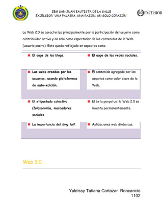 IEM SAN JUAN BAUTISTA DE LA SALLE
EXCELSIOR “UNA PALABRA, UNA RAZON, UN SOLO CORAZÓN”

La Web 2.0 se caracteriza principalmente por la participación del usuario como
contribuidor activo y no solo como espectador de los contenidos de la Web
(usuario pasivo). Esto queda reflejado en aspectos como:
El auge de los blogs.

El auge de las redes sociales.

Las webs creadas por los

El contenido agregado por los

usuarios, usando plataformas

usuarios como valor clave de la

de auto-edición.

Web.

El etiquetado colectivo

El beta perpetuo: la Web 2.0 se

(folcsonomía, marcadores

inventa permanentemente.

sociales
La importancia del long tail.

Aplicaciones web dinámicas.

Web 3.0

Yuleissy Tatiana Cortazar Roncancio
1102

 