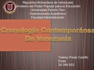 Republica Bolivariana de Venezuela
Ministerio del Poder Popular para la Educación
Universidad Fermín Toro
Vicerrectorado Académico
Facultad Administración
Yuleisy Paola Castillo
Evies
24.399.933
 