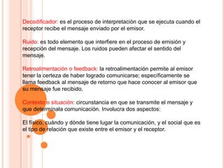 Decodiﬁcador: es el proceso de interpretación que se ejecuta cuando el
receptor recibe el mensaje enviado por el emisor.

Ruido: es todo elemento que interfiere en el proceso de emisión y
recepción del mensaje. Los ruidos pueden afectar el sentido del
mensaje.

Retroalimentación o feedback: la retroalimentación permite al emisor
tener la certeza de haber logrado comunicarse; específicamente se
llama feedback al mensaje de retorno que hace conocer al emisor que
su mensaje fue recibido.

Contexto o situación: circunstancia en que se transmite el mensaje y
que determínala comunicación. Involucra dos aspectos:

El físico, cuándo y dónde tiene lugar la comunicación, y el social que es
el tipo de relación que existe entre el emisor y el receptor.
 