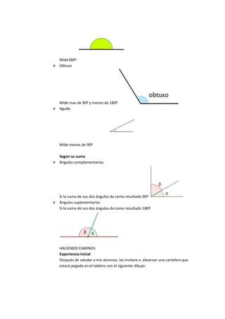 Mide180º
Obtuso




Mide mas de 90º y menos de 180º
Agudo




Mide menos de 90º

Según su suma
Ángulos complementarios




Si la suma de sus dos ángulos da como resultado 90º
Ángulos suplementarios
Si la suma de sus dos ángulos da como resultado 180º




HACIENDO CAMINOS
Experiencia inicial
Después de saludar a mis alumnas, las invitare a observar una cartelera que
estará pegada en el tablero con el siguiente dibujo:
 