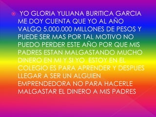  YO GLORIA YULIANA BURITICA GARCIA
ME DOY CUENTA QUE YO AL AÑO
VALGO 5.000.000 MILLONES DE PESOS Y
PUEDE SER MAS POR TAL MOTIVO NO
PUEDO PERDER ESTE AÑO POR QUE MIS
PADRES ESTAN MALGASTANDO MUCHO
DINERO EN MI Y SI YO ESTOY EN EL
COLEGIO ES PARA APRENDER Y DESPUES
LLEGAR A SER UN ALGUIEN
EMPRENDEDORA NO PARA HACERLE
MALGASTAR EL DINERO A MIS PADRES
 